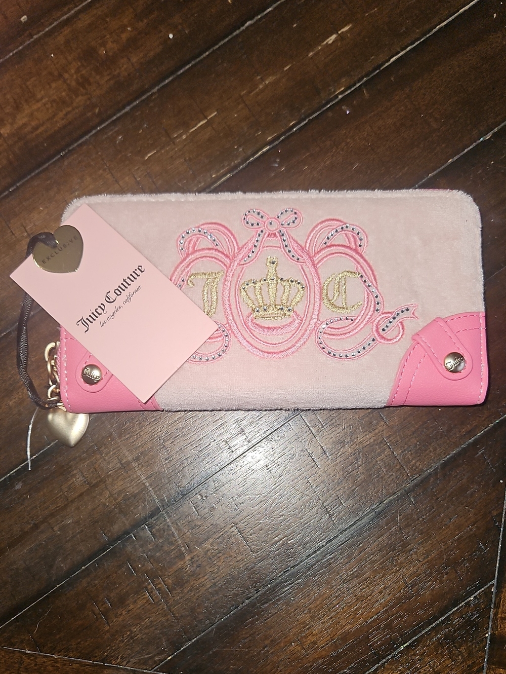 Juicy Couture Pink Suede Zip Card Wallet with Gold Embroidery